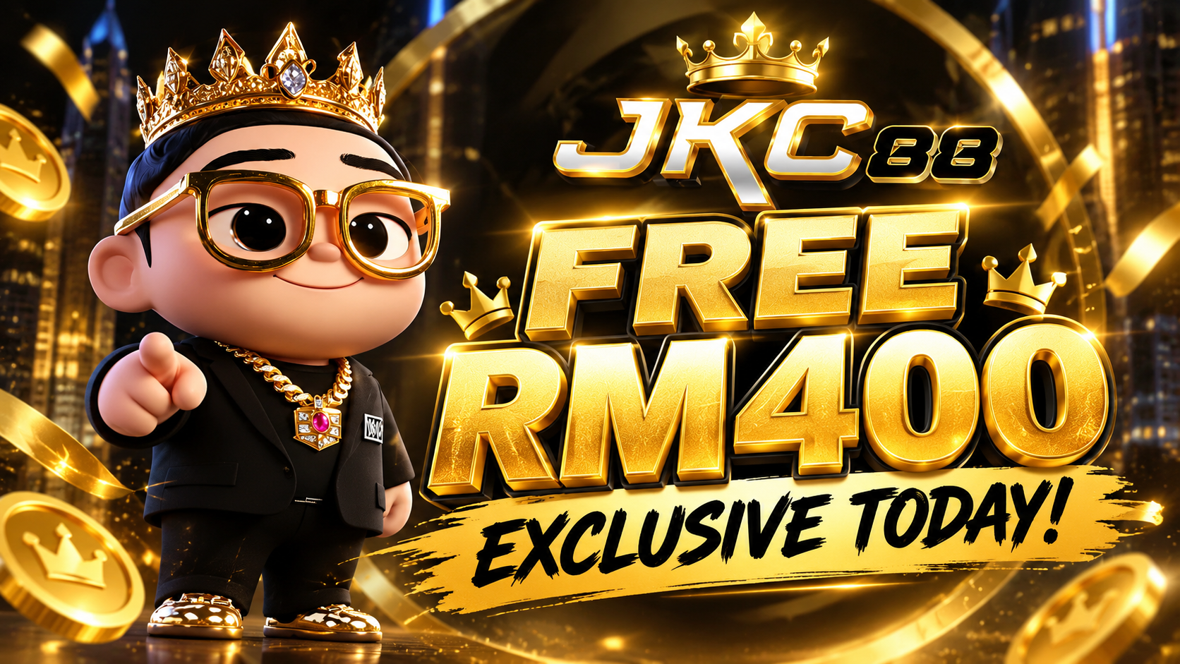 Grafik promosi JKC88 yang memaparkan bonus RM400 percuma dan tawaran eksklusif hari ini